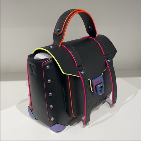 Michael Kors MK Manhattan neon contrast
trim black satchel bag crossbody - Picture 6 of 9